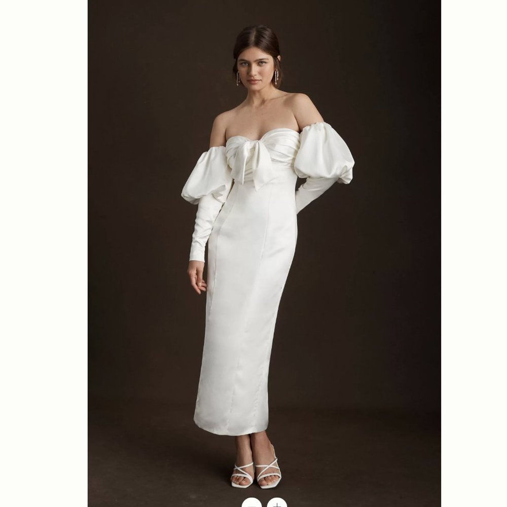 Ronny Kobo Amanda Off-Shoulder Puff-Sleeve Back-Slit Slim Midi Dress Size 2
